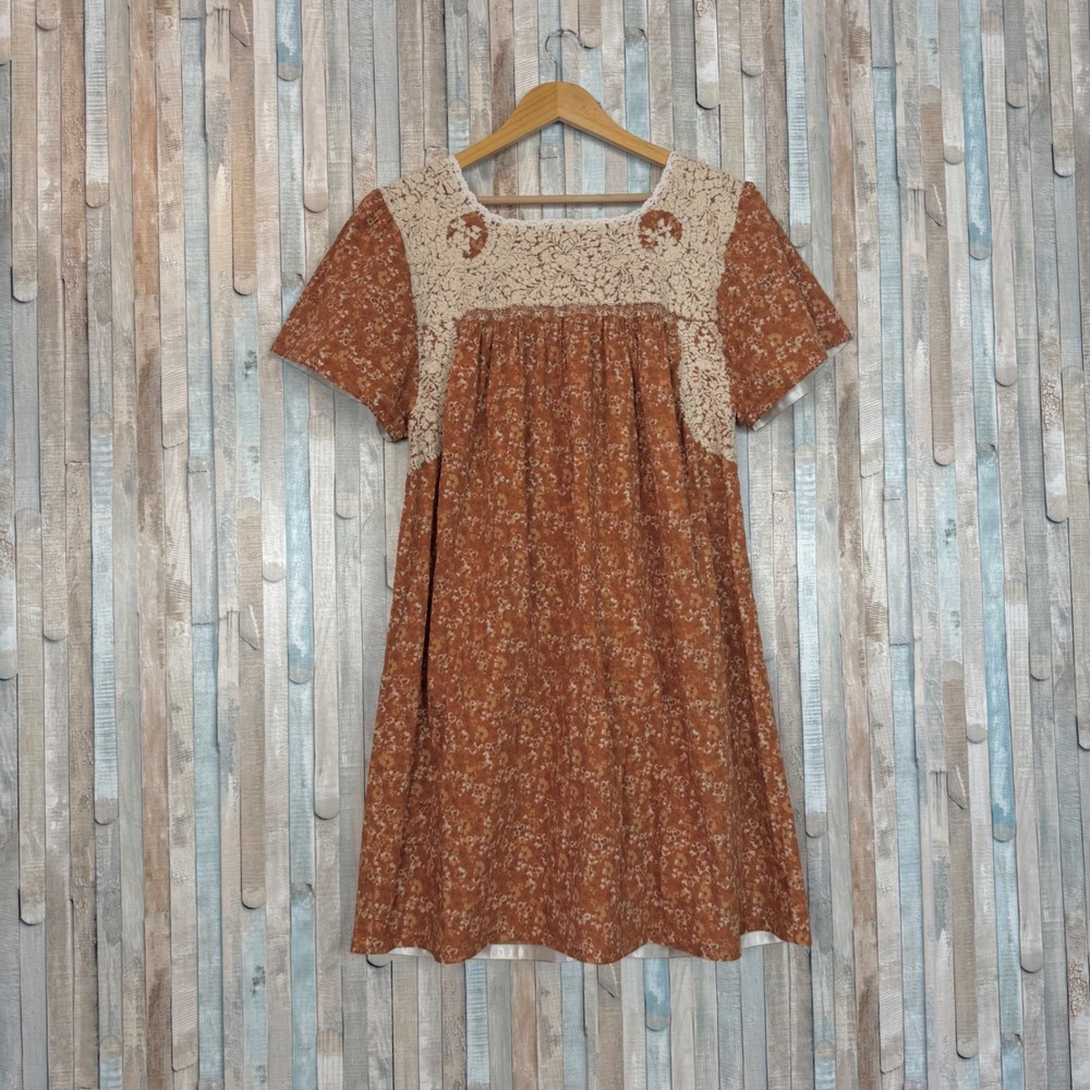 Mi Golondrina Mexico Hand Embroidered Floral Mini A Line Dress Rust 2X XXL XL - Picture 5 of 6